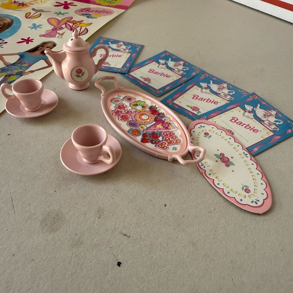 Barbie miniature tea set
And stickers